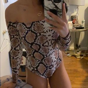 Snakeskin, off the shoulder body suit